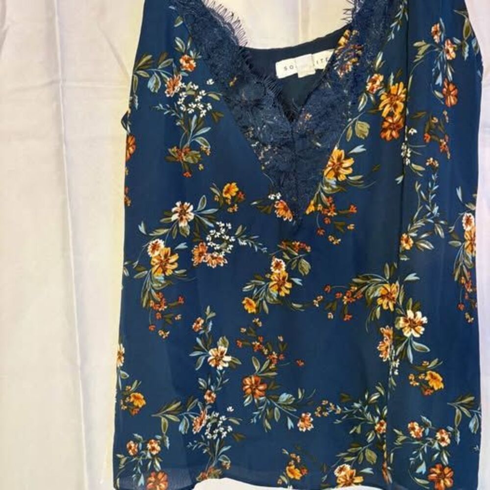 Socialite Blue Floral Tank Eyelash Silky Loose Work Party Women's Small